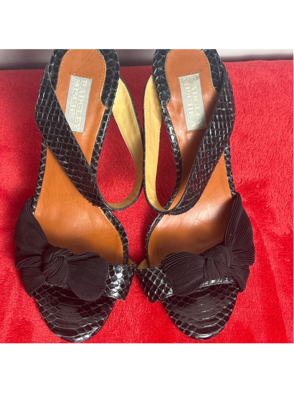 Badgley Mischka Black Bow Snakeskin-Texture Heels